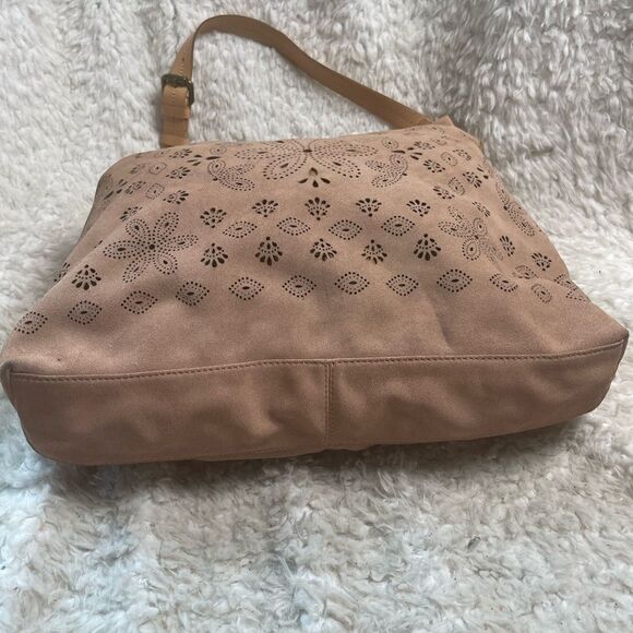 Anthropologie Miss Albright laser cut leather suede blush pink large tote bag. main image 11